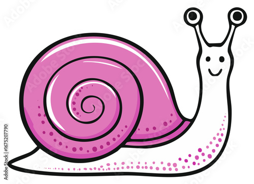 Cute happy pink snail with curly shell and dotted body, simple cartoon illustration