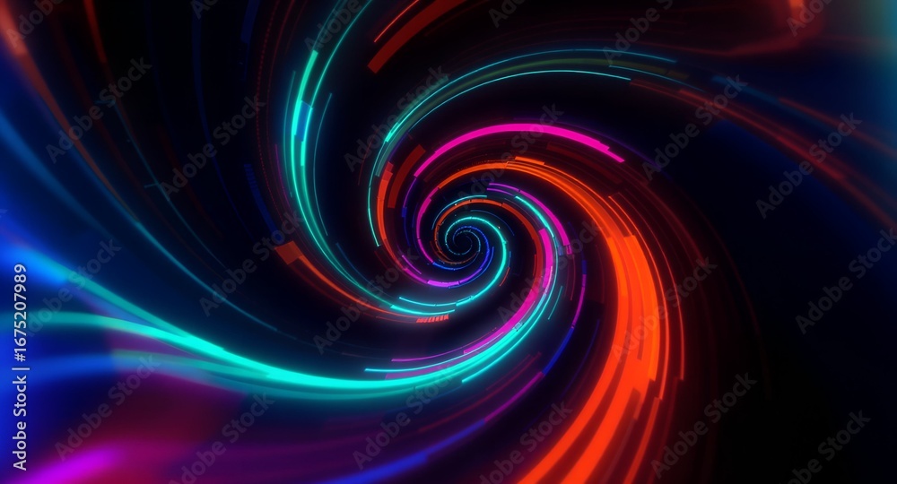 Obraz premium Abstract Neon Spiral Tunnel: Futuristic, Colorful, Dynamic, Glowing, Digital Art.