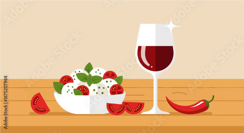 A vibrant, minimalist feast awaits! Fresh mozzarella and cherry tomatoes, garnished with basil, pair perfectly with a sparkling glass of red wine and a playful chili pepper.