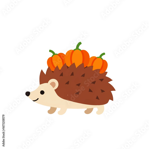 Cute cartoon hedgehog carrying pumpkins for autumn