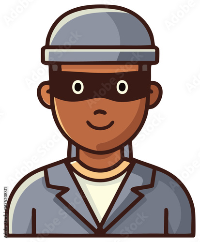 Cheerful cartoon burglar character wearing a black eye mask and gray beanie hat illustration