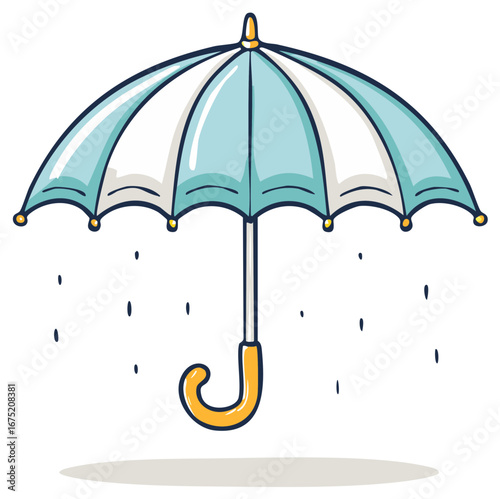 Hand-Drawn Blue and White Umbrella Protection from the Rain Falling Isolated Cartoon Design