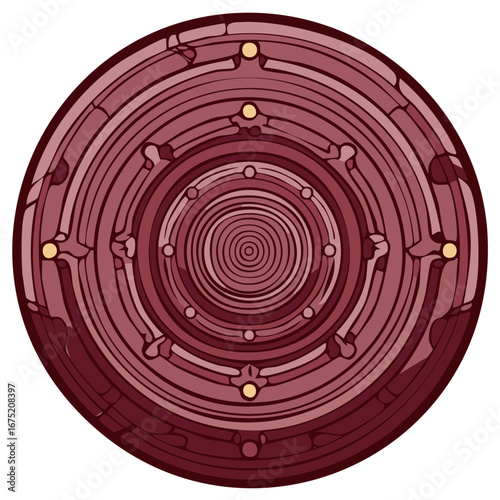 Stylized vector illustration of a deep reddish brown decorative plate with a spiral pattern.
