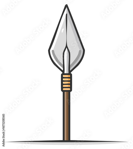 Stylized spear weapon with sharp metal tip and bound handle on a simple background