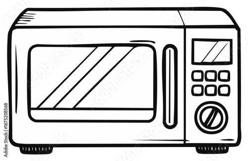 Hand drawn illustration of a kitchen microwave oven with a digital display and control panel
