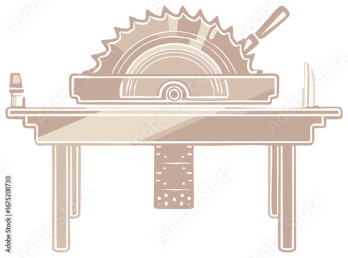 Illustrated vintage table saw station with wooden legs, guide fence, and detailed blade guard for cutting wood, crafting projects.