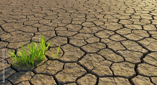 Green shoots pierce the cracked earth, a powerful symbol of resilience and new life emerging from a desolate, dry landscape, illustrating enduring hope