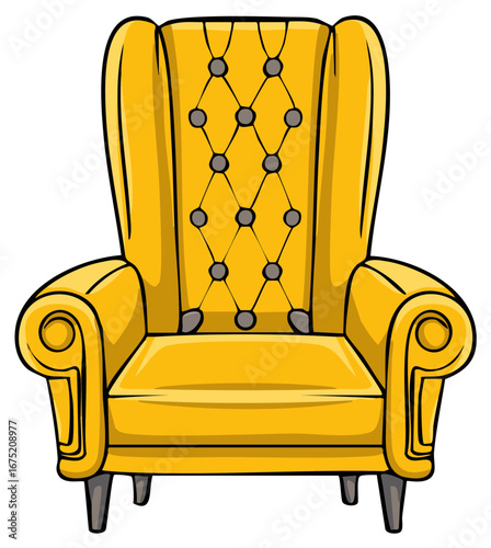 Elegant yellow wingback armchair with tufted upholstery cartoon illustration