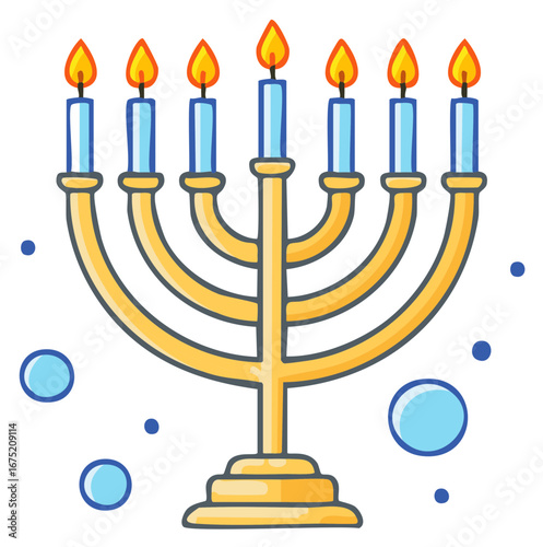 Brightly lit golden menorah illustration with seven glowing candles for religious holiday