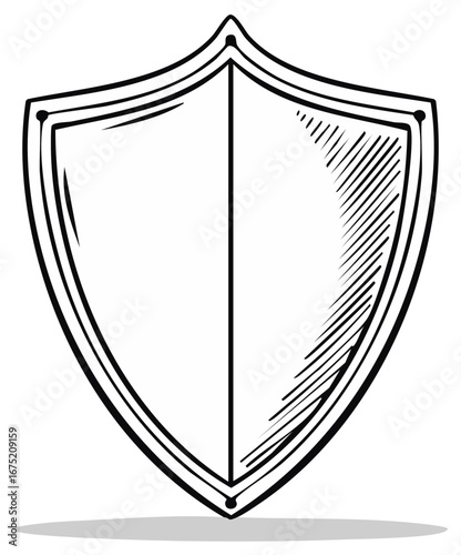 Classic medieval shield drawn in outline style with hatching detail on one side