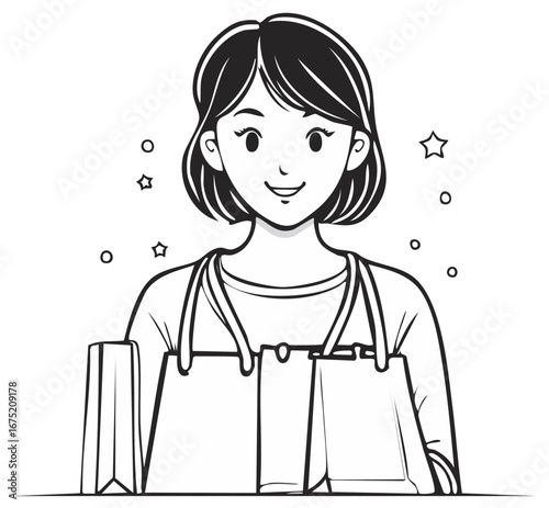 Happy woman shopping, holding bags, with stars as decoration, smiling, black and white art