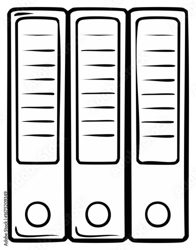 Three Office Ring Binders Stand Side by Side, Lined Up for Organization and Document Storage in a Black and White Outline Drawing