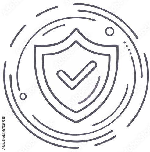 Digital Security Shield with Checkmark Icon and Swirling Lines