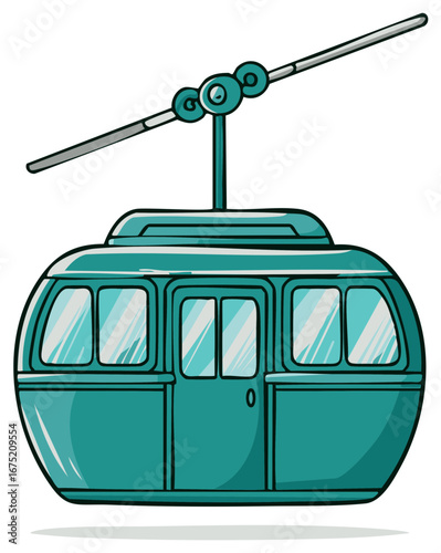 Teal cable car gondola suspended from a steel cable with wheels