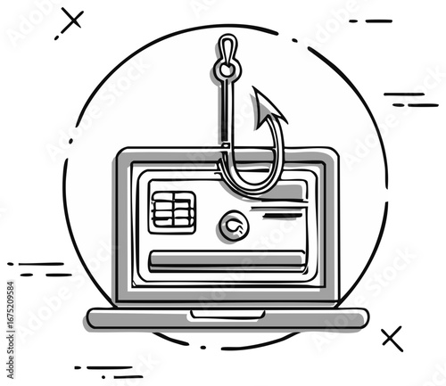 Phishing scam conceptual drawing with a fish hook stealing a credit card from a laptop screen