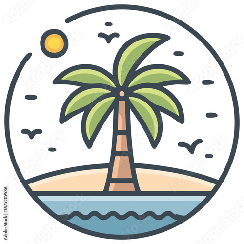 Stylized circular icon of a tropical beach scene with a palm tree, sun and birds over the ocean