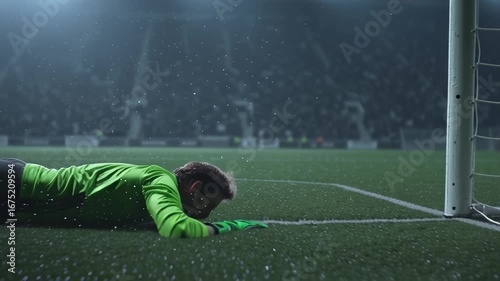 Soccer goalkeeper diving to catch ball in stadium at night