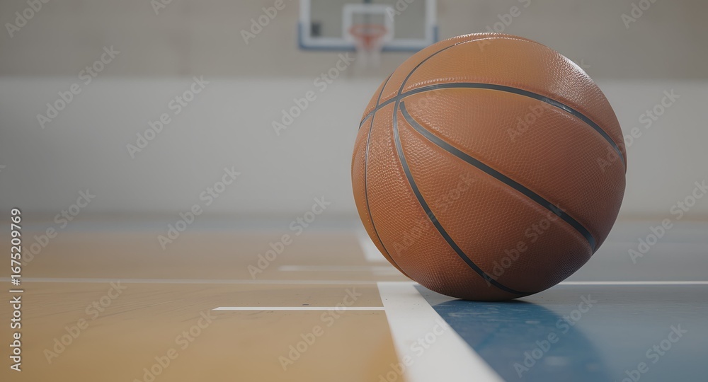 Fototapeta premium Cinematic Stillness: Textured Basketball on the Court Line Awaiting Play