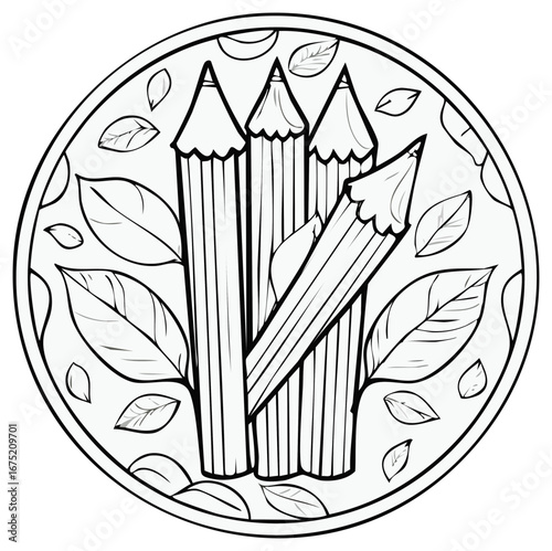 Creative pencils and leaves in a circular design for coloring book illustration