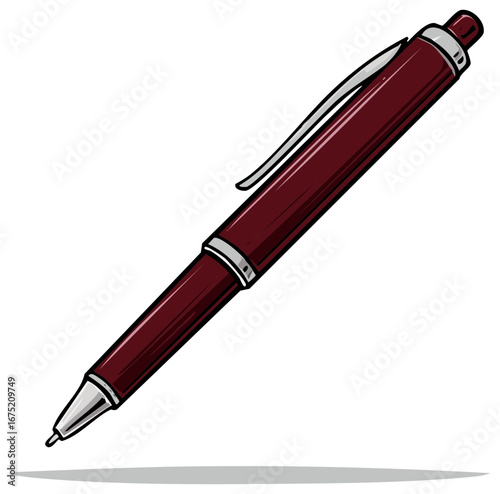 Illustration of a burgundy colored metal pen with clip and shadow on the ground
