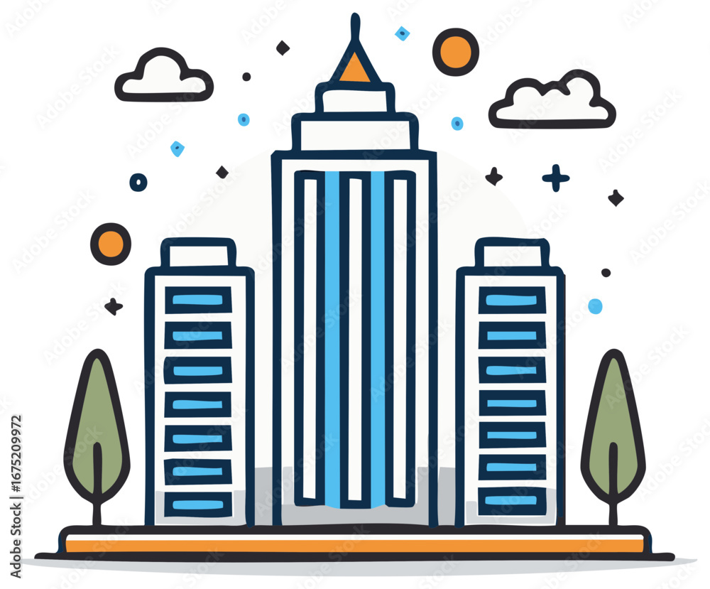 Fototapeta premium Modern city skyline illustration featuring skyscraper, urban buildings, and natural elements