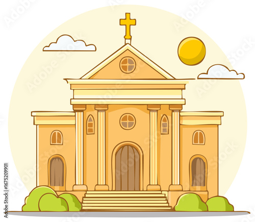 Sunny yellow church building with cross and columns