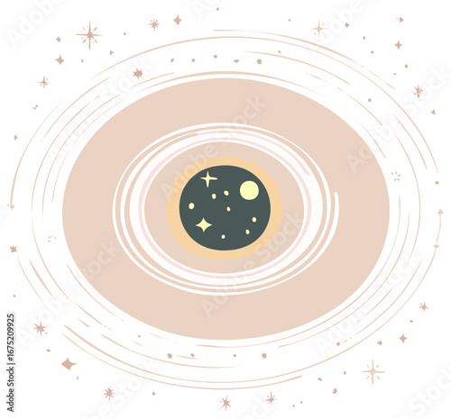 Cosmic portal illustration. Starry night sky in a portal with celestial vortex shape with stars.