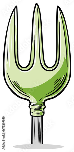 Cartoon green gardening fork with three tines isolated on white, gardening tool with black outline and green color