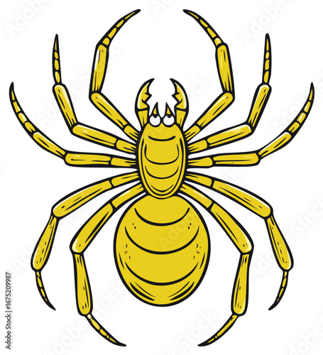 Vibrant Yellow Spider Illustration with Eight Legs and Fangs