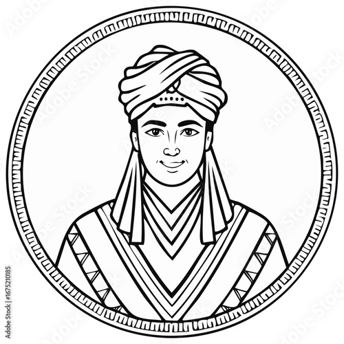Stylized portrait of a regal individual wearing a turban and ornate clothing within a decorative circular frame