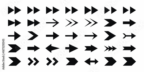 Collection of diverse black arrow icons pointing right and left on a white background