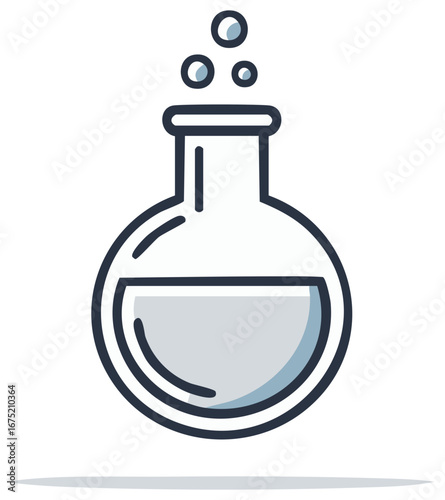 Chemical laboratory glassware with liquid substance and bubbles. Science equipment. Medical research flat design icon symbol illustration.