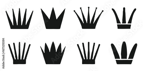Collection of eight simple black and white hand drawn crowns on a black background