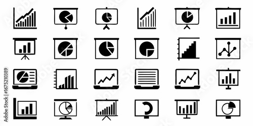 Collection of black and white icons representing various types of business charts and graphs
