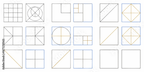 Collection of geometric diagrams and visual compositions illustrating mathematical principles and design elements