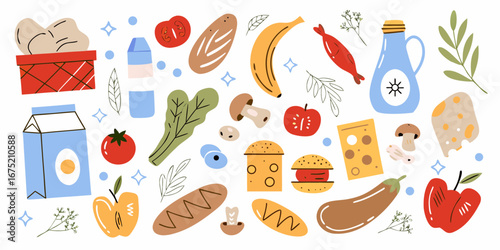 A vibrant collection of fresh food items and groceries arranged in a playful scattered pattern