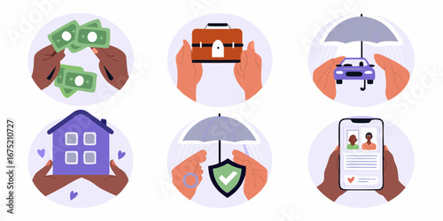 Set of six circular icons representing different types of insurance and financial security