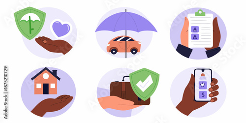 Collection of insurance icons representing protection for life car home travel and digital services