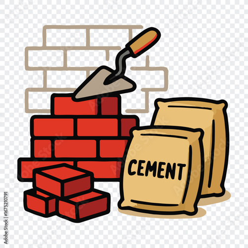 Brick Wall Construction with Cement Bags and Masonry Tools and brick wall, construction, masonry, red bricks, cement bags, trowel, building materials, construction site, bricklaying, cement.