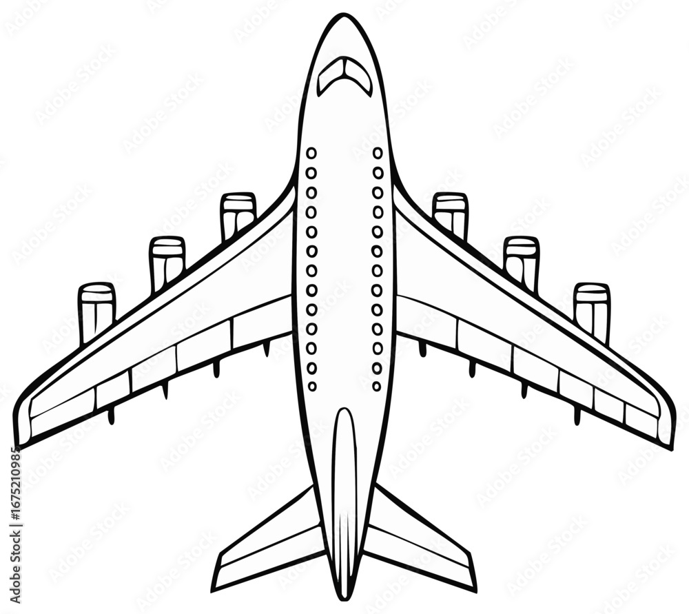 Obraz premium Clean line art illustration of a large wide body commercial passenger airplane seen from a direct overhead perspective, flight travel concept