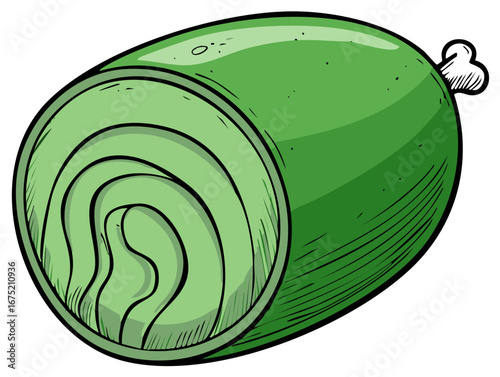 Illustration of a cross-section of a green vegetable roll with a bone on the end