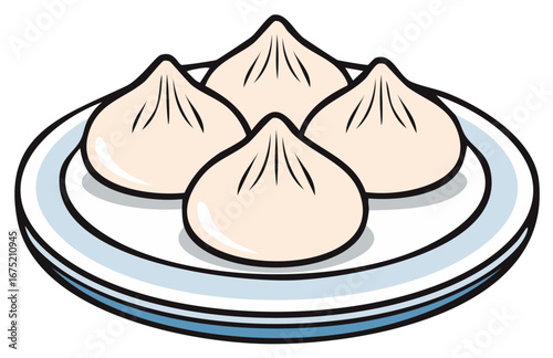 Steamed dumplings on a plate, vector illustration