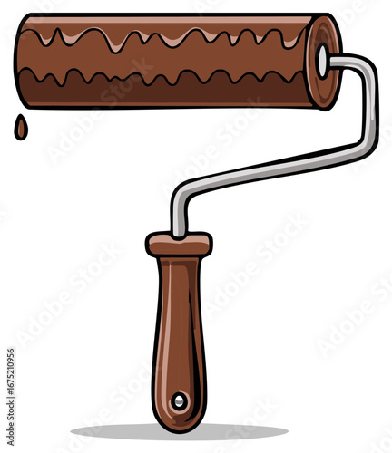 Brown paint roller with dripping paint and wooden handle