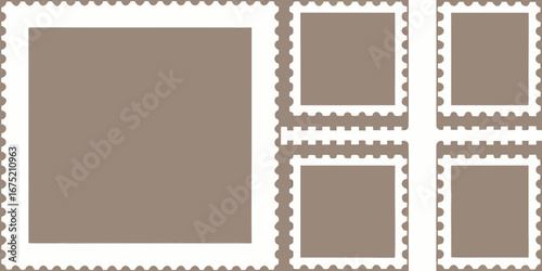 Collection of blank postage stamps with perforated edges on a neutral background