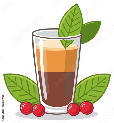 Layered coffee drink with foam in a glass, surrounded by green leaves and red berries vector illustration