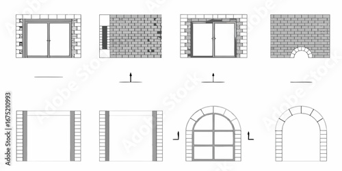 Construction stages of a brick archway and window openings in a wall