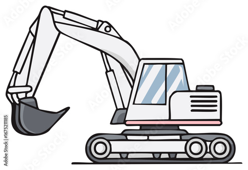 Simple White Excavator Heavy Construction Machine Cartoon Illustration