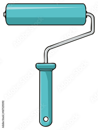 Cartoon illustration of a teal paint roller tool for home improvement and decorating