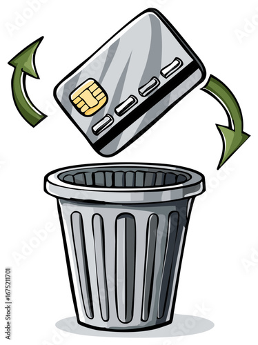 Credit Card Thrown in Trash Can with Arrows Indicating Discard