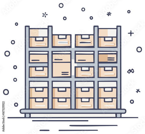 Warehouse shelves filled with boxes for storage and inventory management